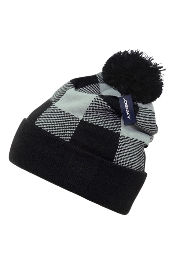 Pom Plaid Beanie Black