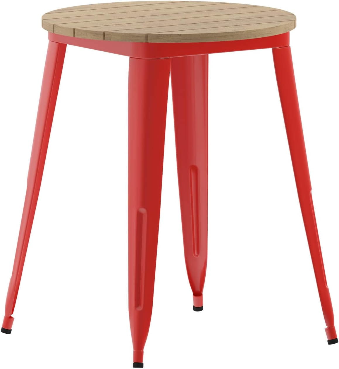 24" Round Brown Poly Resin Top Red Steel Base Dining Table