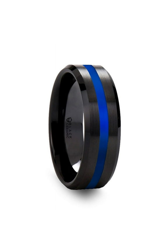 Declan Mens Beveled Black Ceramic Brushed Finish Wedding Band With Polished Blue Stripe