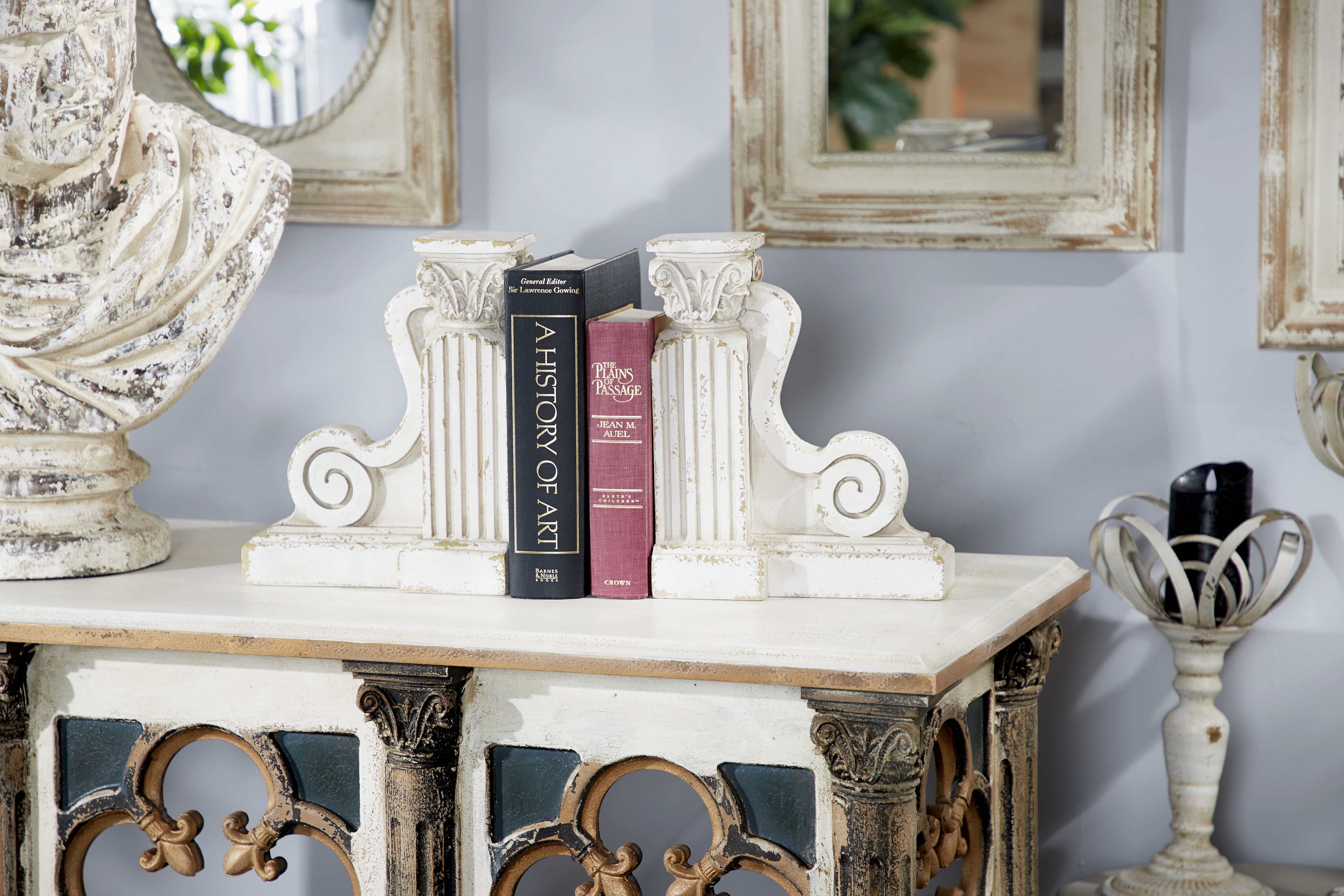 Decmode - 10” x 12” Large Distressed White Decorative Pillar Scroll Bookends