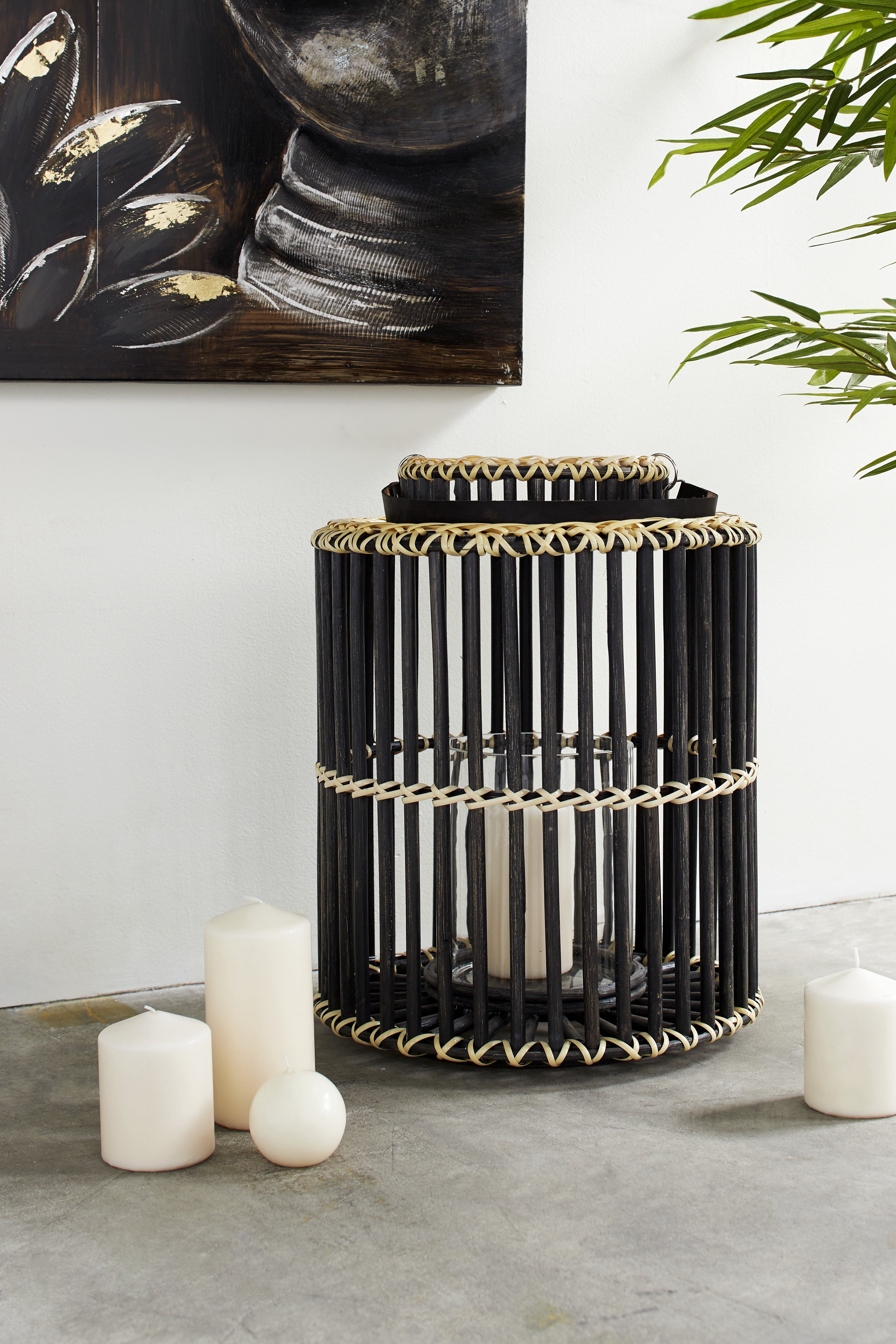 Decmode - 14” x 18” Large Cylindrical Black Rattan Rustic Lantern, Birdcage Shape