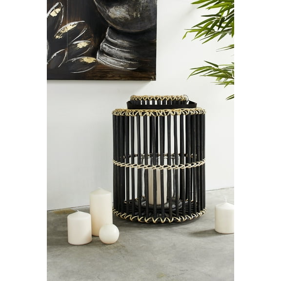Decmode - 14 x 18 Large Cylindrical Black Rattan Rustic Lantern, Birdcage Shape