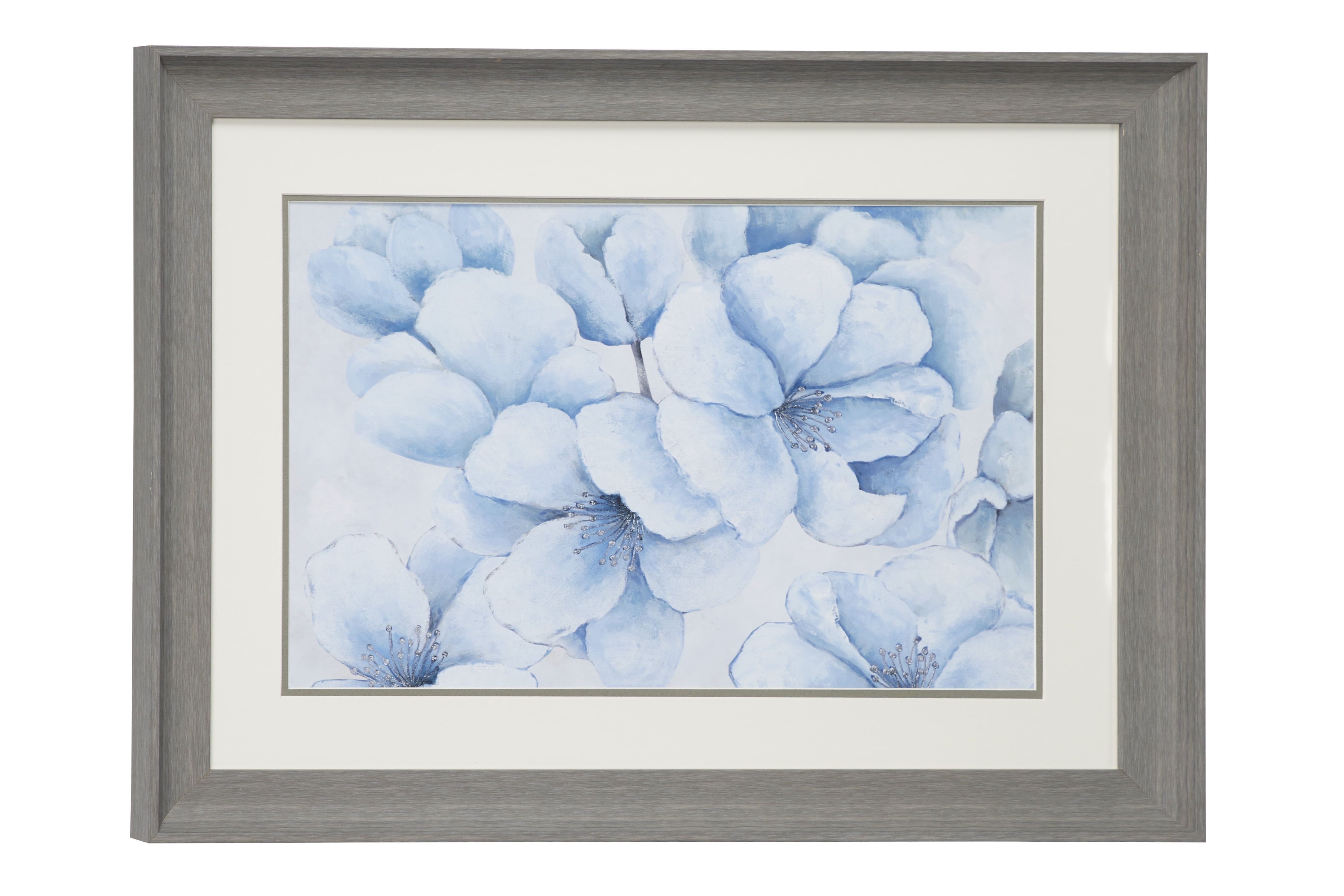 Decmode 23.5” x 17.5” Blue Flowers Print in Rectangular Gray Frame