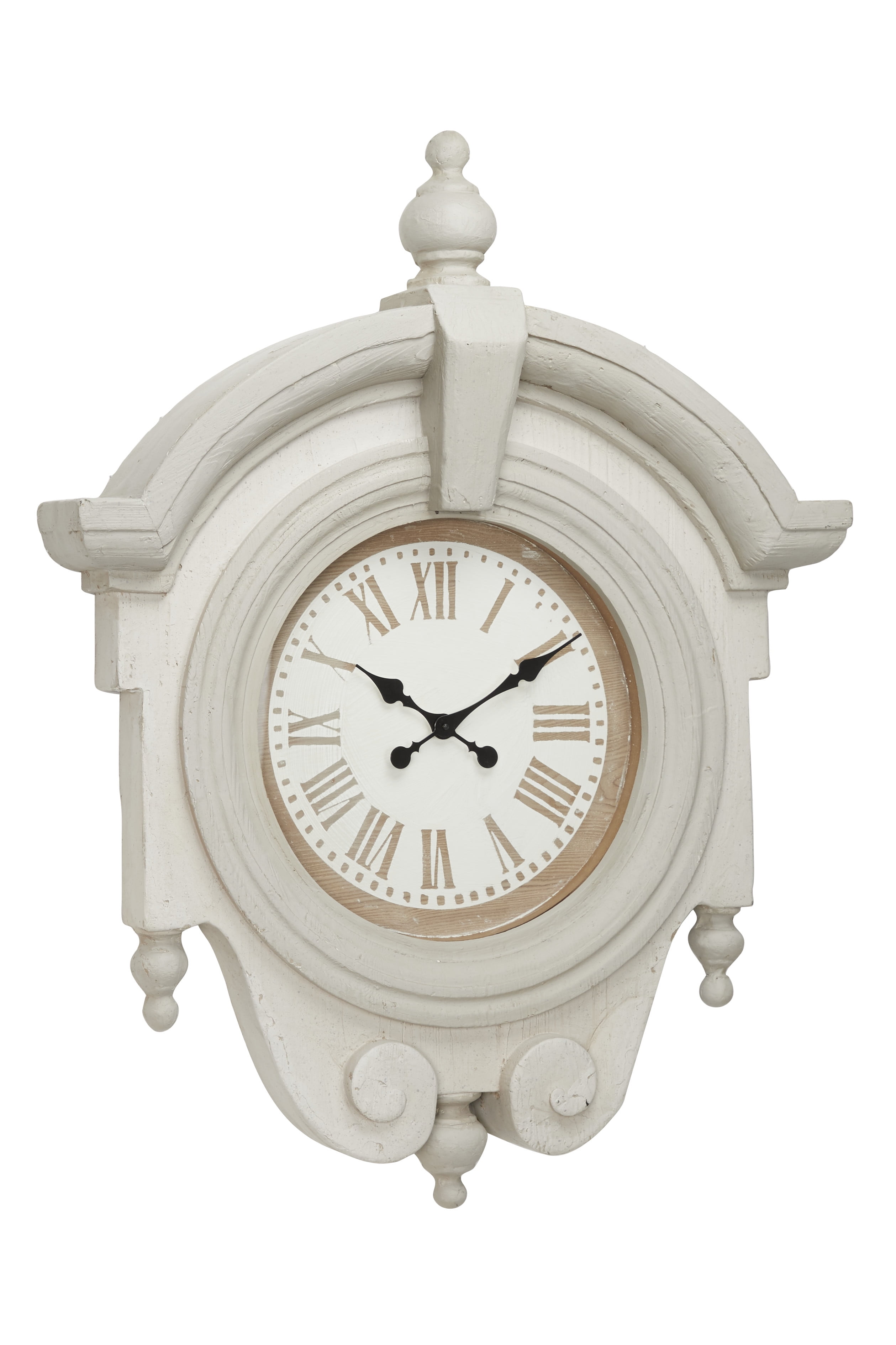 Large Antique Light Gray Wood Round Wall Clock with Arched Frame and Finials, image size:2518x3777