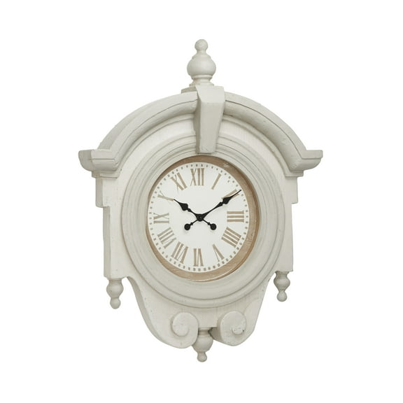 Decmode 33.5 x 44 Large Antique Light Gray Wood Round Wall Clock w/ Arched Frame & Finials