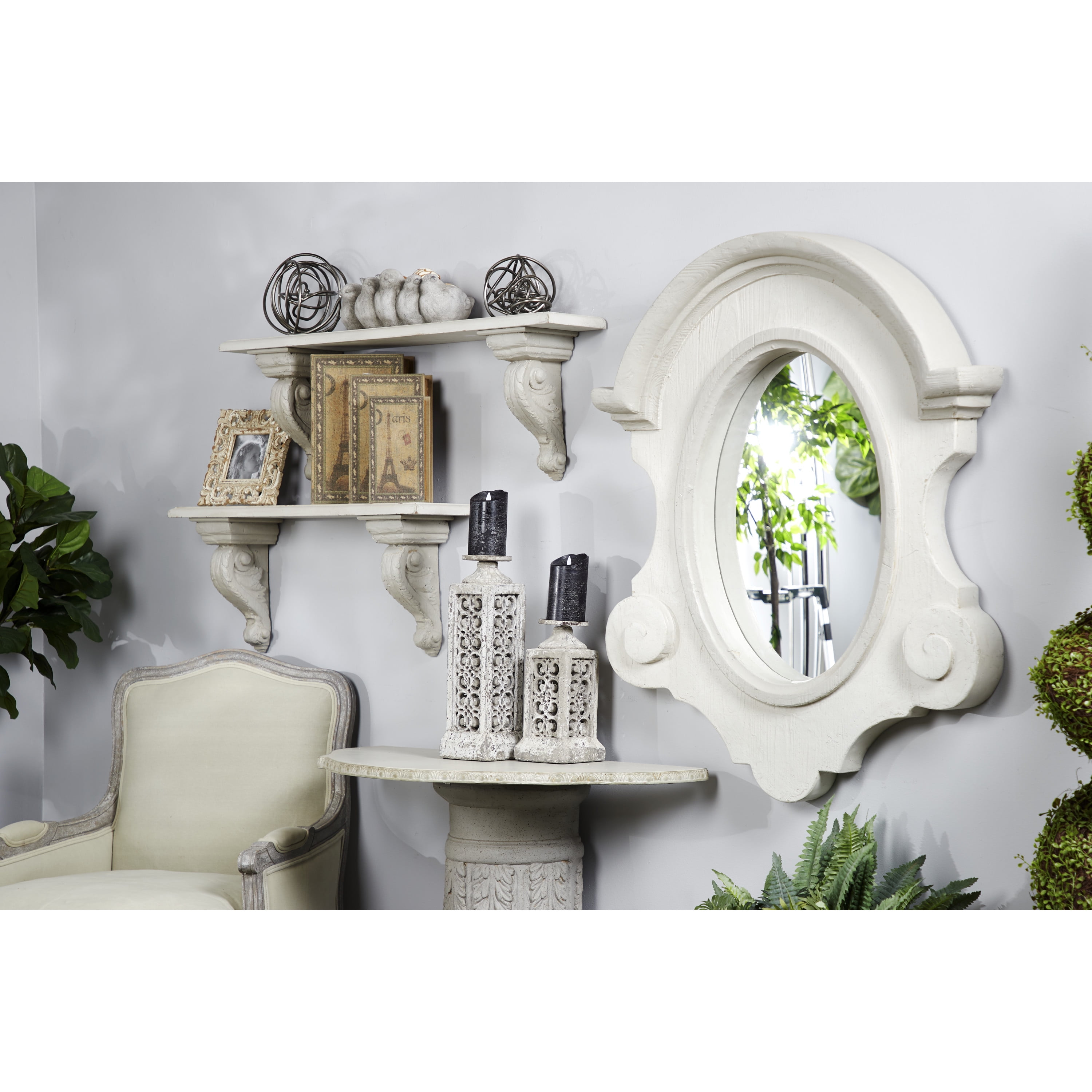 Large Antique Cream Wood Oval Wall Mirror with Carved Scrolls