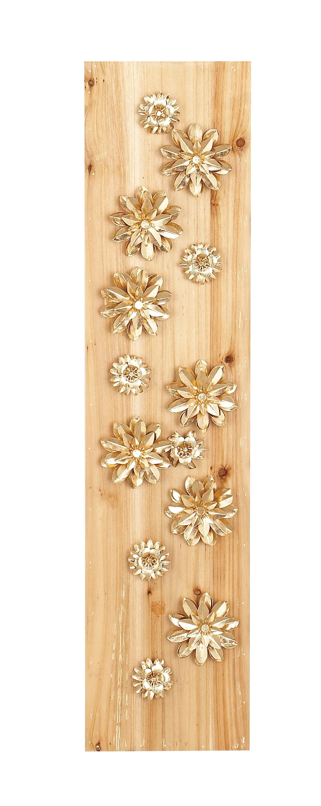 Decmode 39 X 9 Inch Natural Wood And Metal Light Gold Petaled Flowers Rectangular Wall Decor, Metallic, Natural Wood