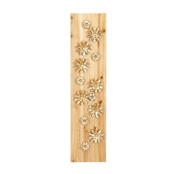 Decmode 39 X 9 Inch Natural Wood And Metal Light Gold Petaled Flowers Rectangular Wall Decor, Metallic, Natural Wood