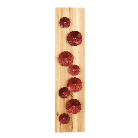 Decmode 39 X 9 Inch Natural Wood And Metal Red Flowers Rectangular Wall Decor, Metallic, Natural Wood