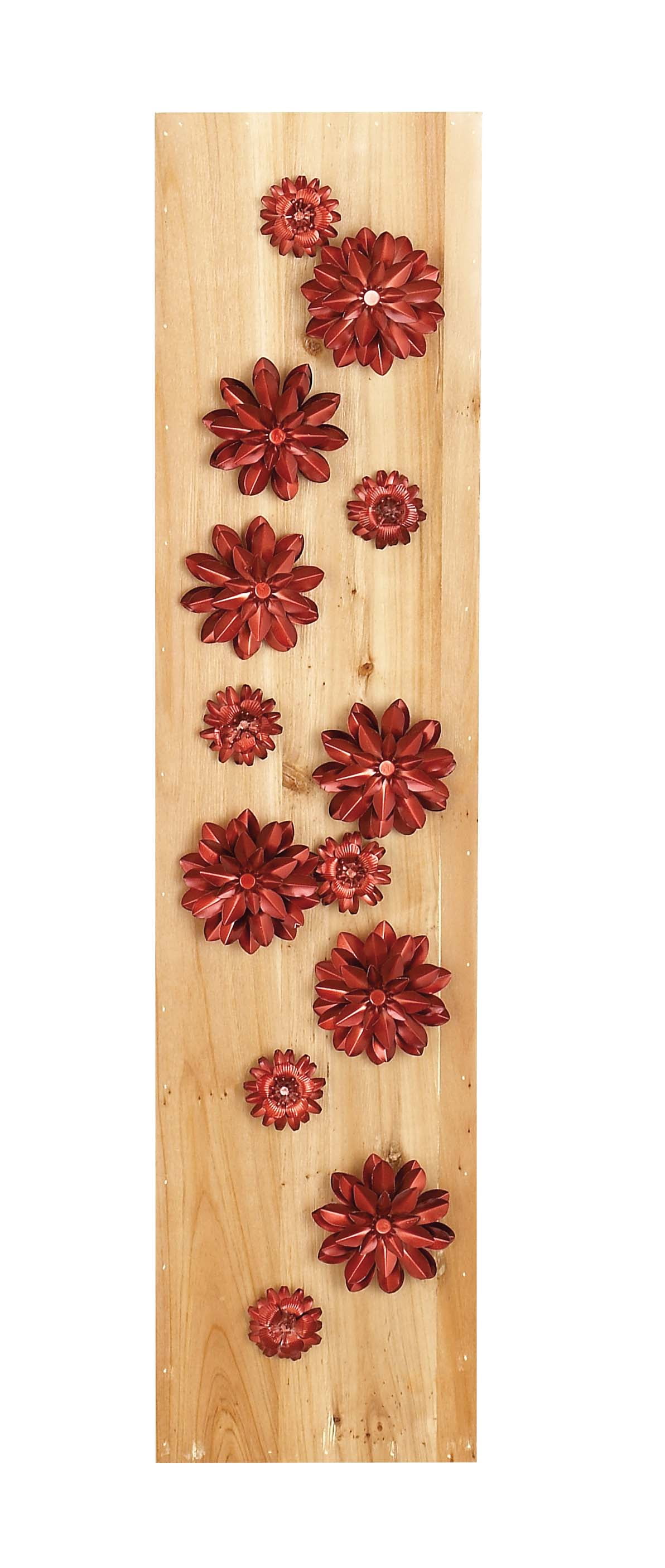 Natural Wood and Red Iron Flower Wall Mounted Decor