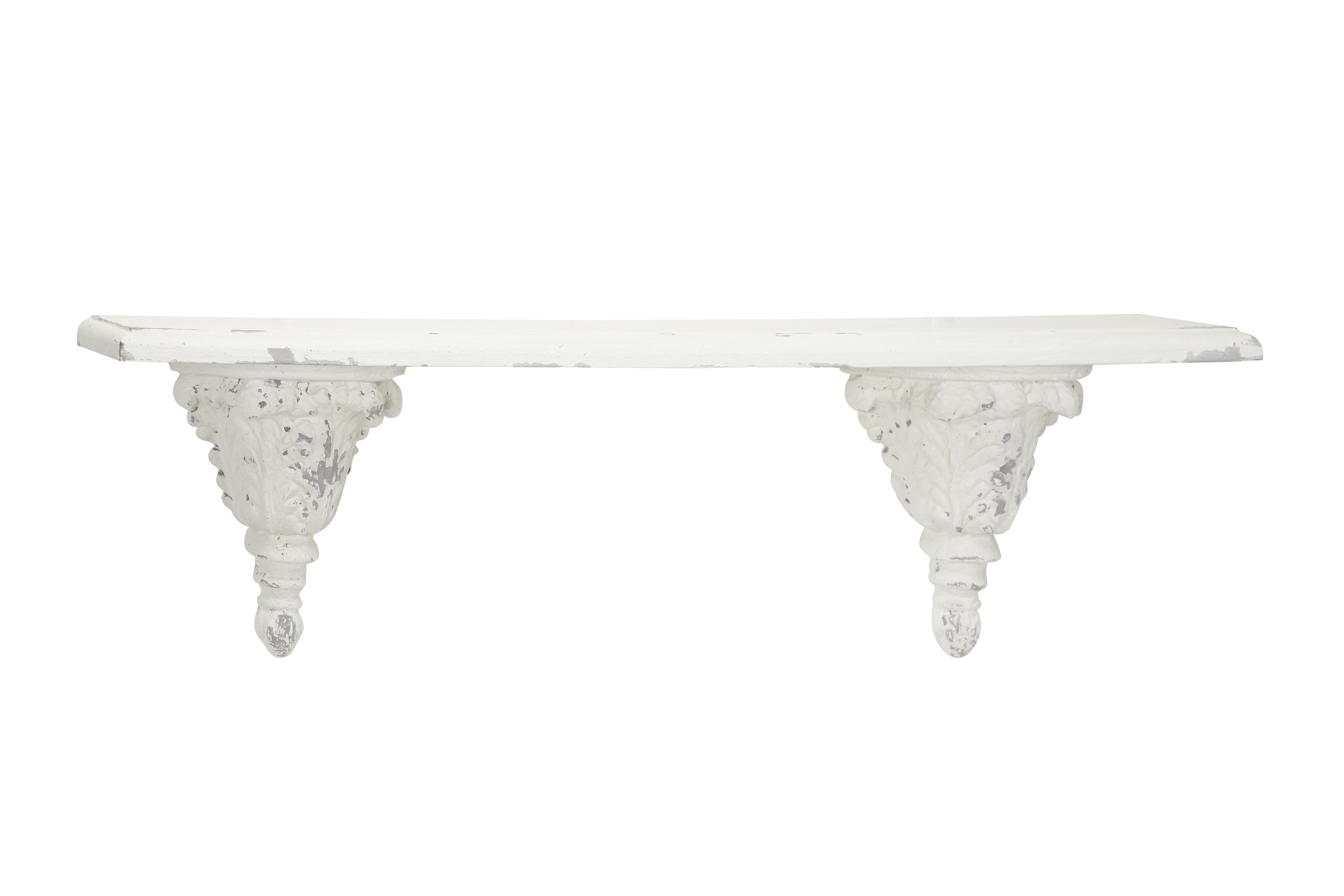 39" White Wood Floating Wall Shelf with Decorative Carvings