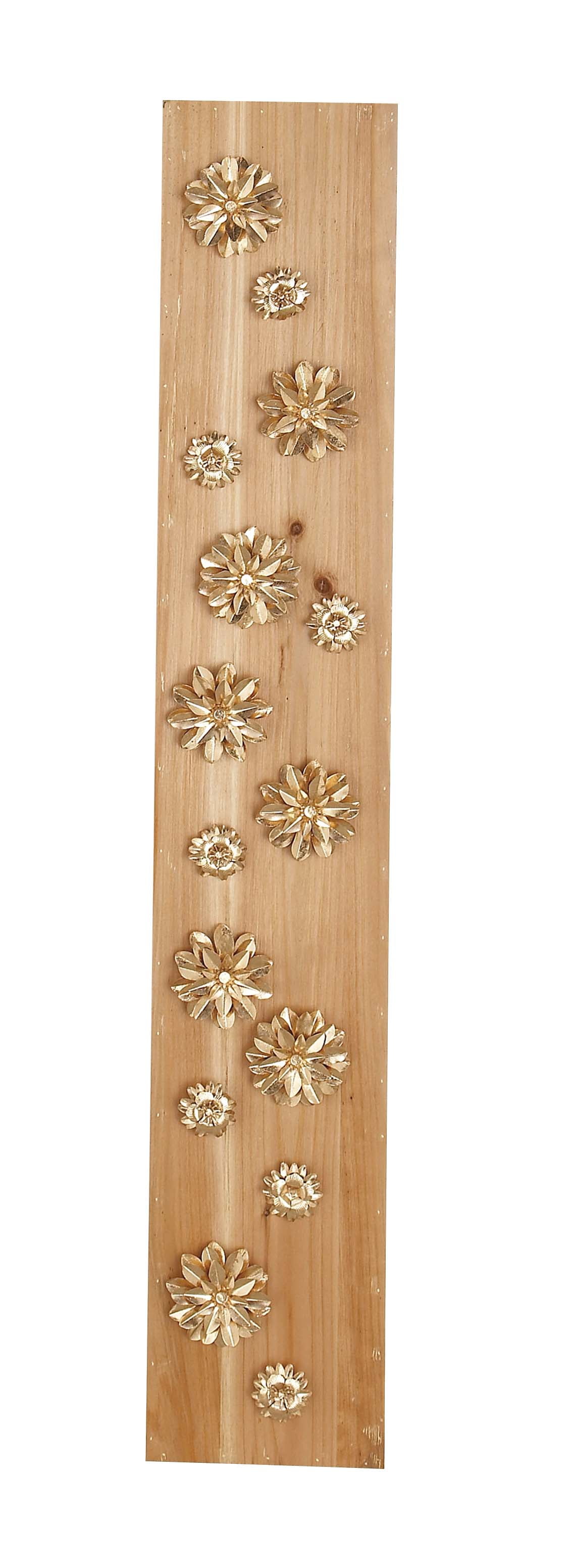 Decmode 55 X 9 Inch Natural Wood And Metal Light Gold Petaled Flowers Rectangular Wall Decor, Metallic, Natural Wood