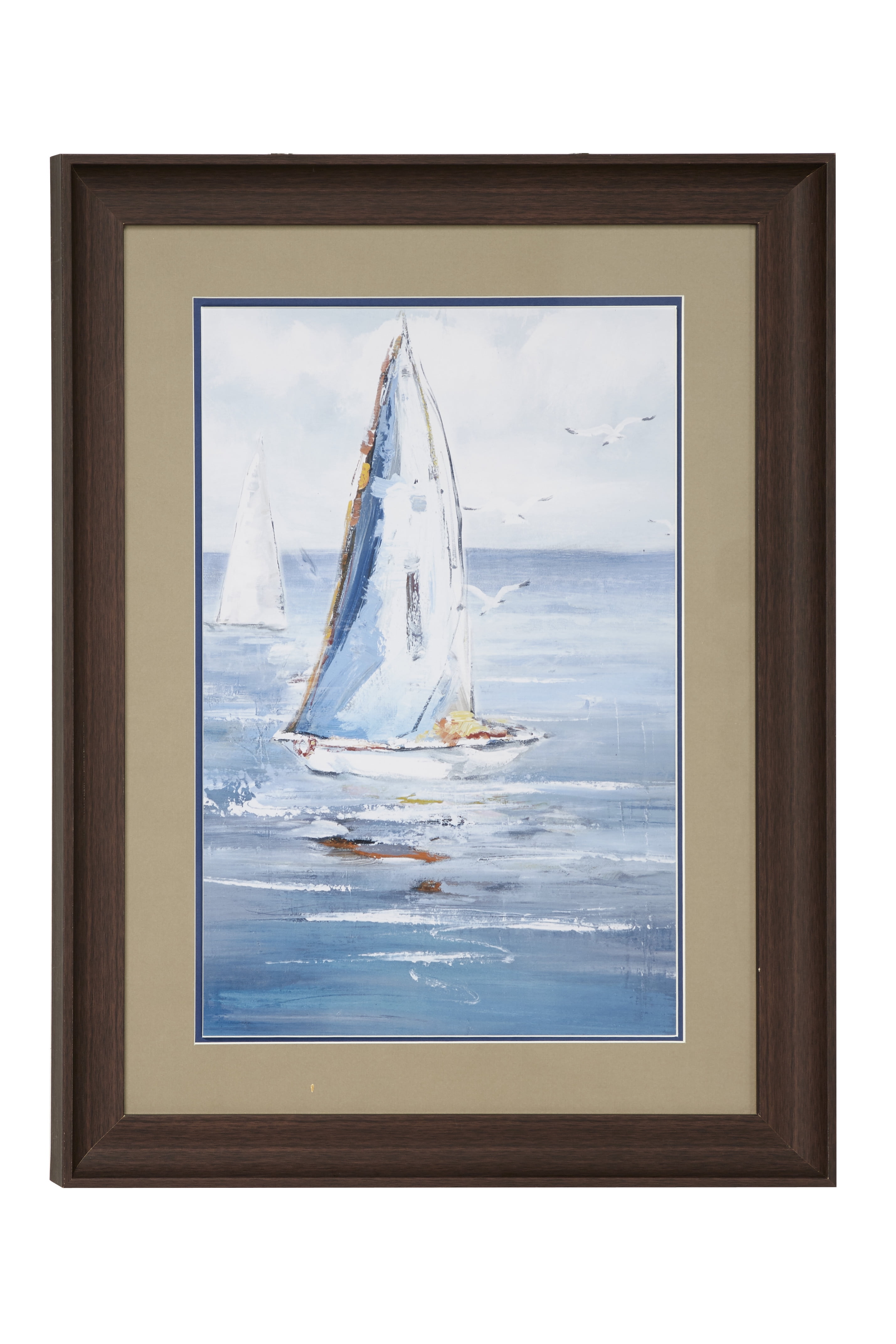 Blue Coastal Sailboat Painting Print in Dark Brown Wood Frame
