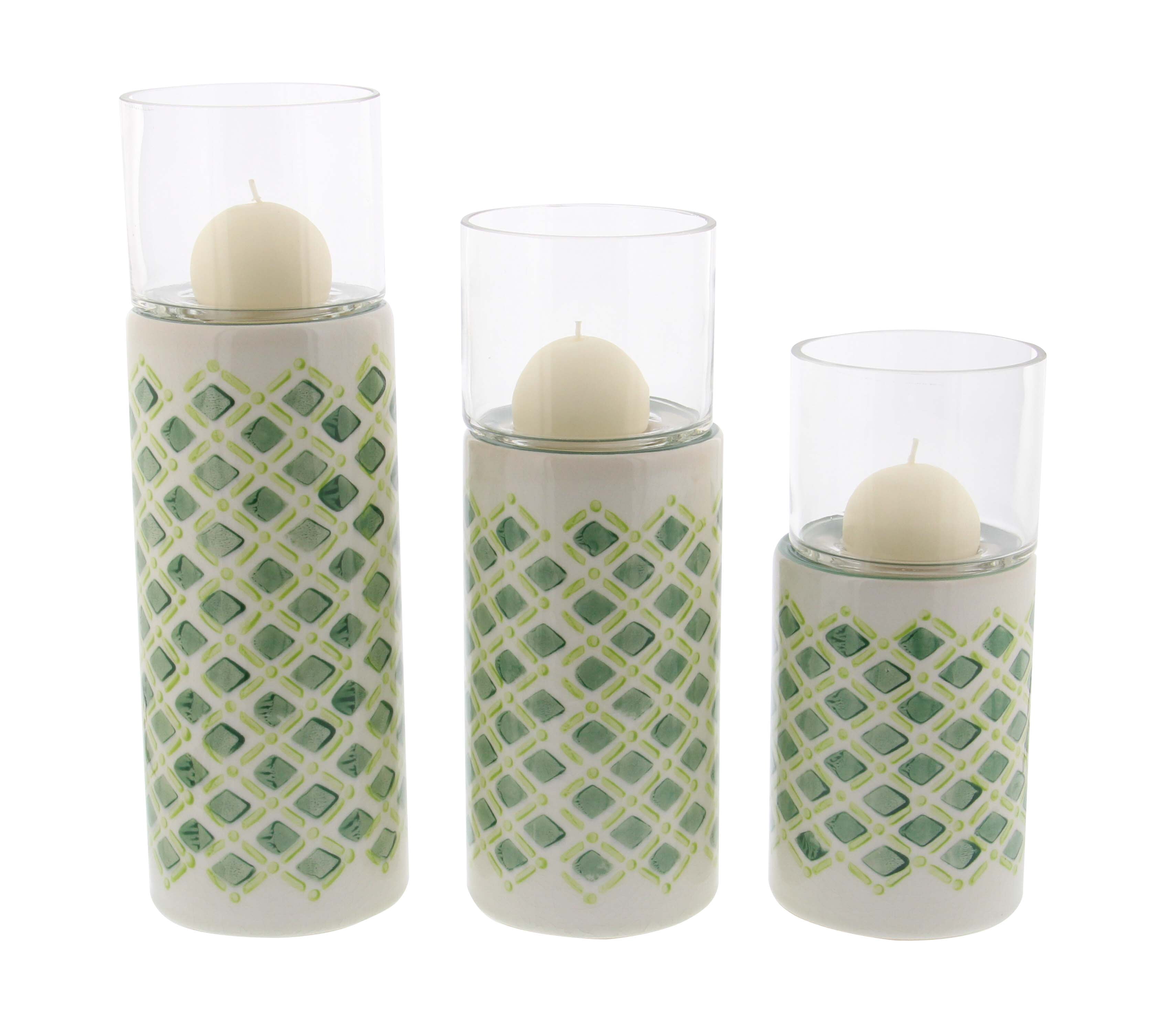 Decmode Contemporary 9, 11, And 13 Inch Lattice Patterned Ceramic And Glass Candle Holders, White, Green - Set of 3