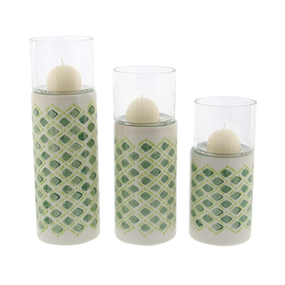 Decmode Contemporary 9, 11, And 13 Inch Lattice Patterned Ceramic And Glass Candle Holders, White, Green - Set of 3