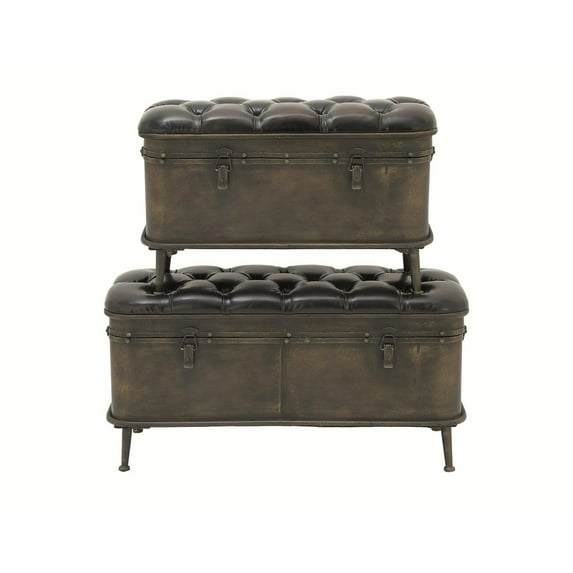 Decmode Farmhouse 32 and 40 Inch Metal and Leather Storage Benches with Tufted Cushion Seats - Set of 2