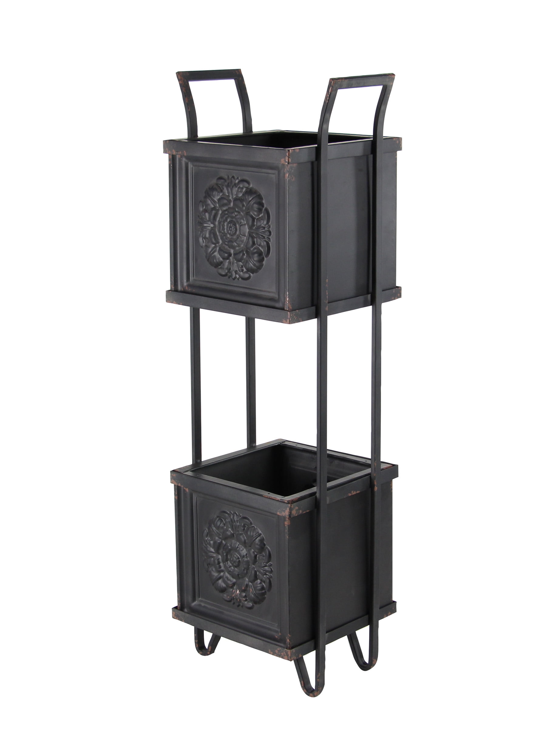 Farmhouse Black Iron Two-Tiered Planter Stand with Floral Design