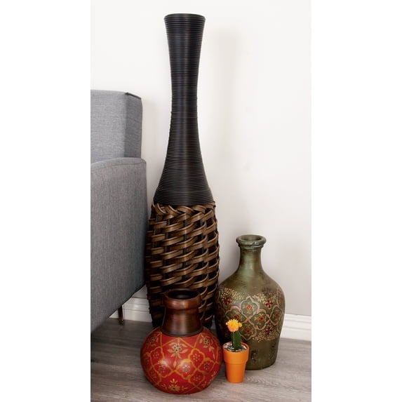 Decmode - Large Black and Brown Rattan Floor Vase with Basket Weave Texture, 9? x 40?