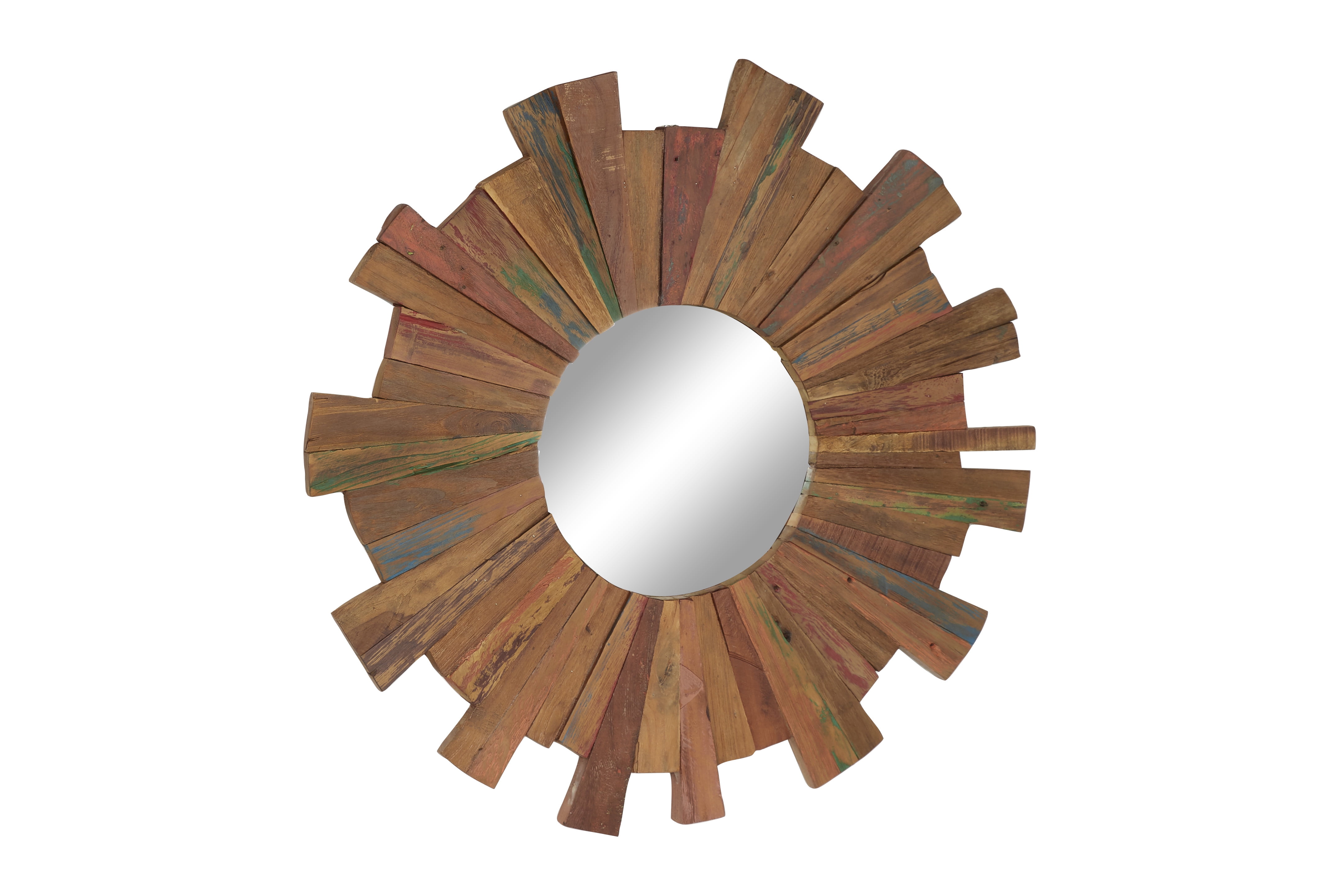 Large Eclectic Multicolor Reclaimed Wood Round Wall Mirror