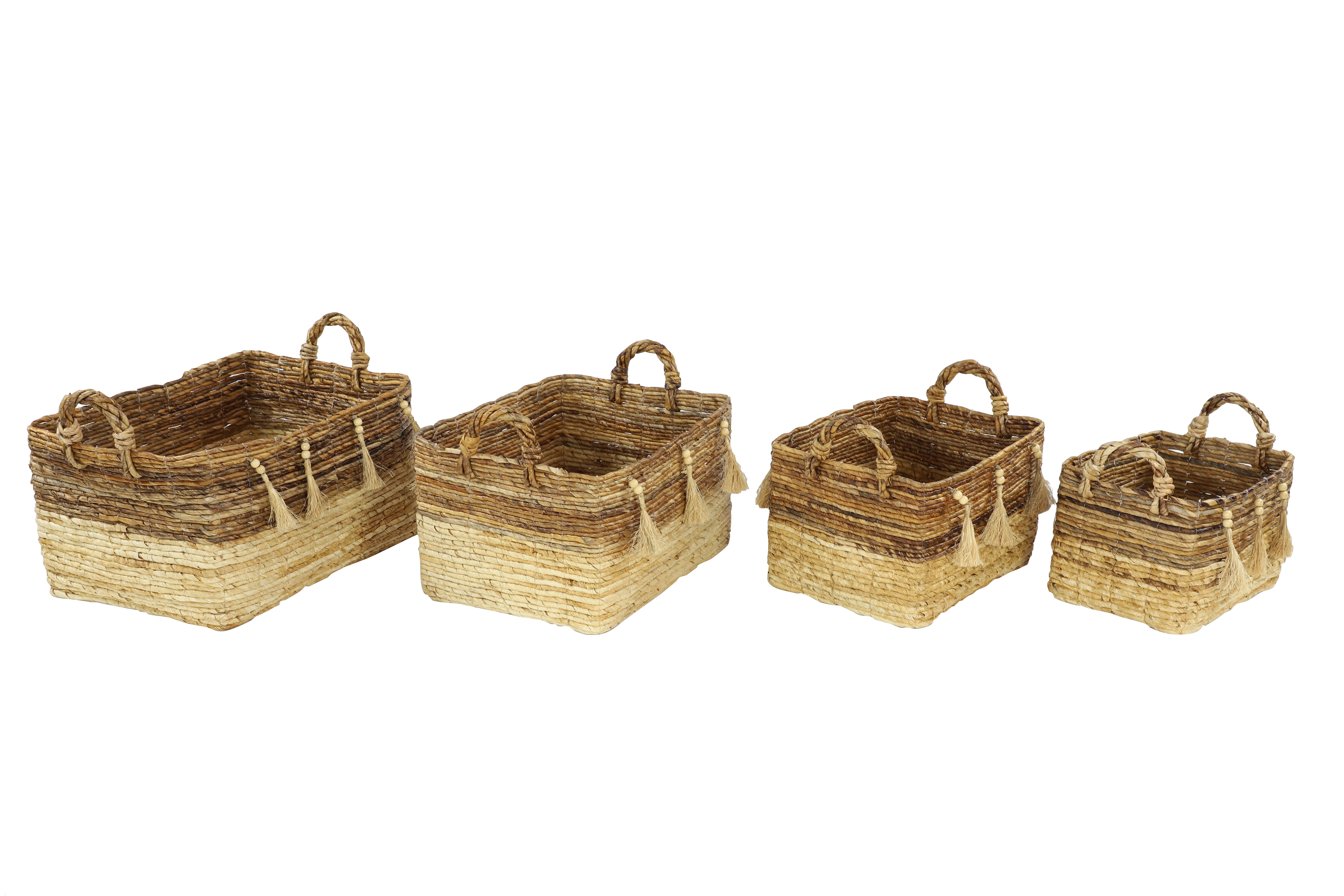 Large Rectangular Brown and Beige Wicker Storage Baskets with Tassels