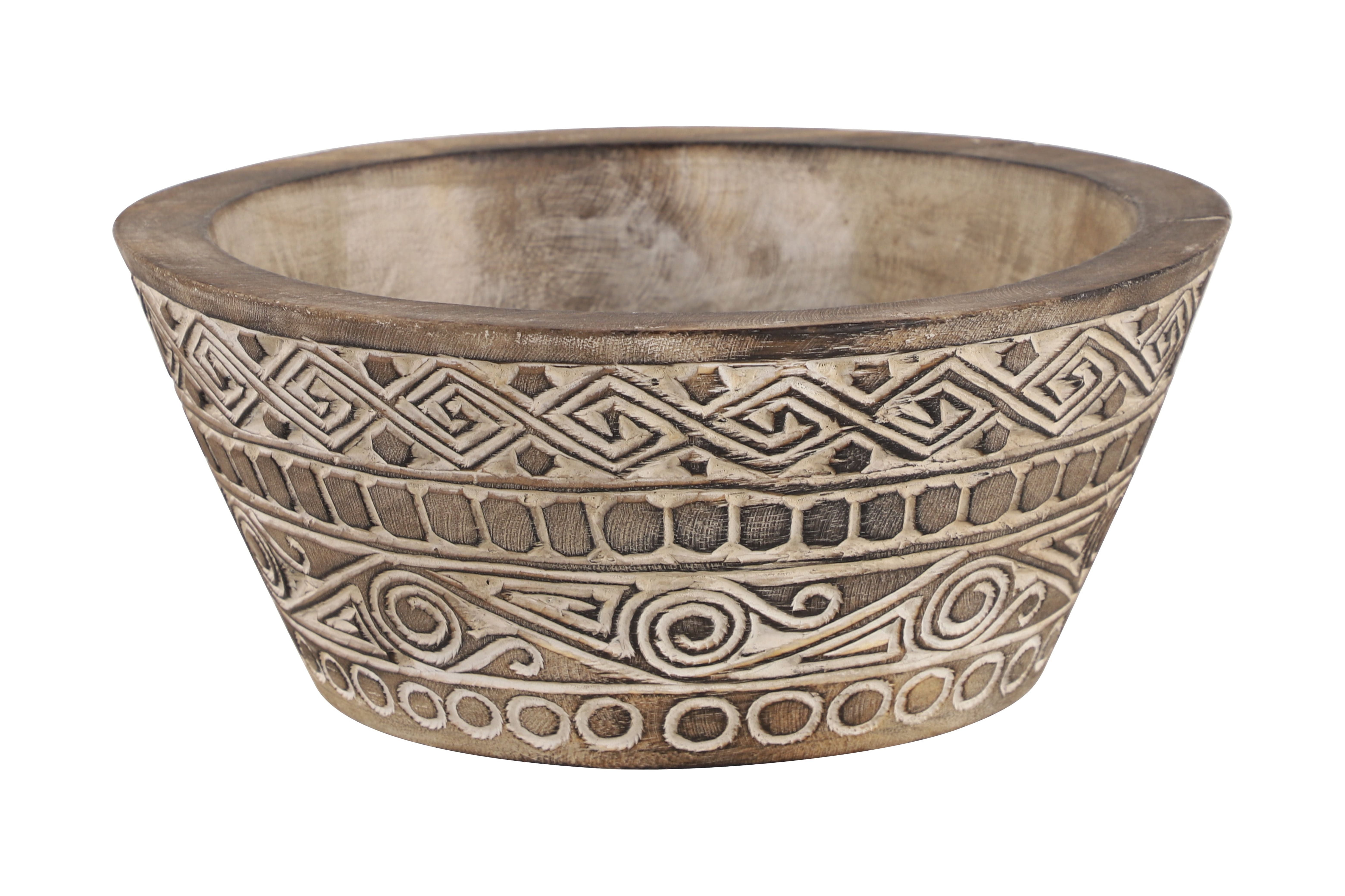 Decmode Large Round Decorative Hand-Carved Brown & White Wood Bowl w/ Tribal Design, 15.5” x 7”