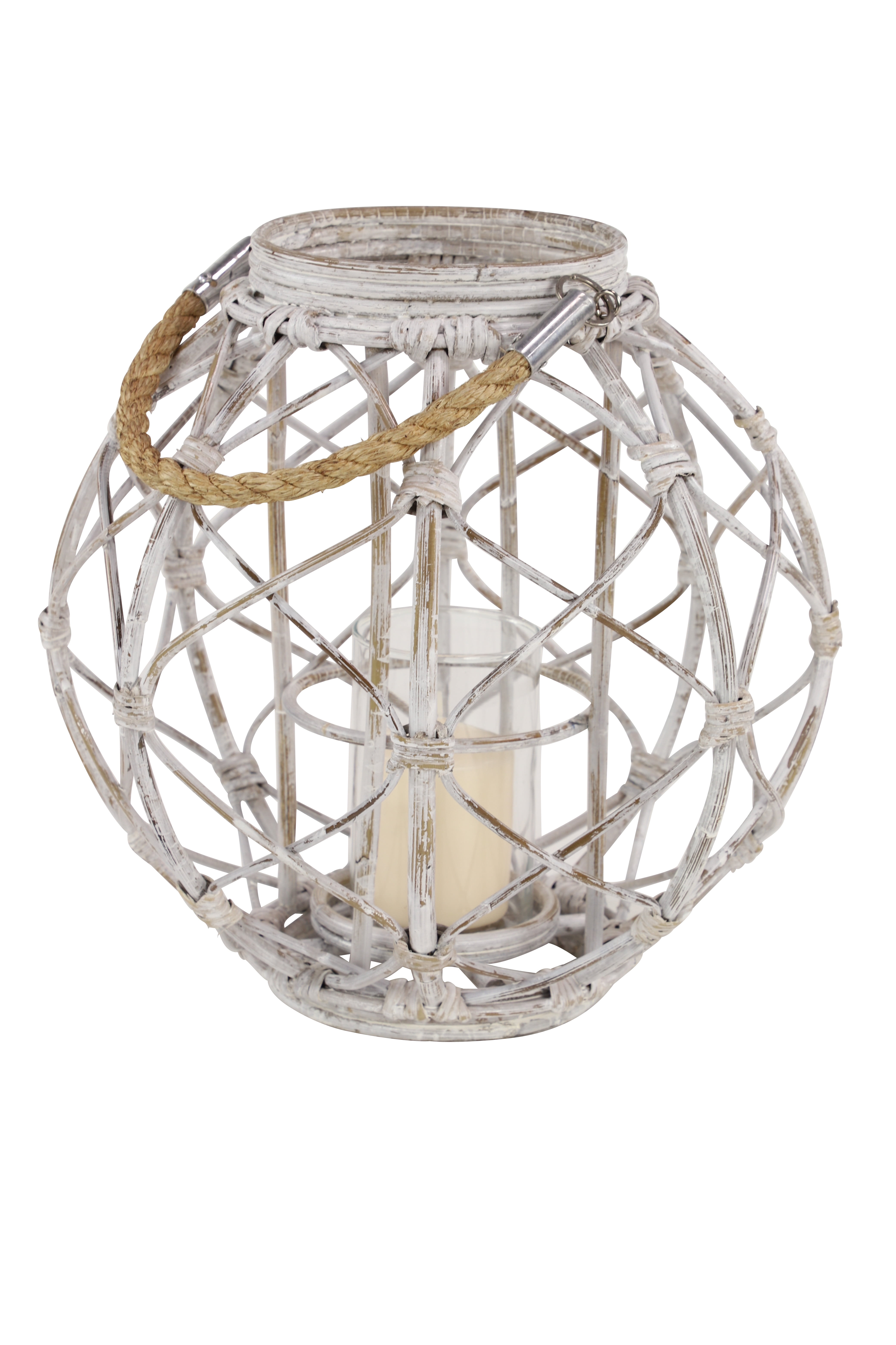 Decmode Large Round Woven Rattan White Lantern with Burlap Jute Rope ...