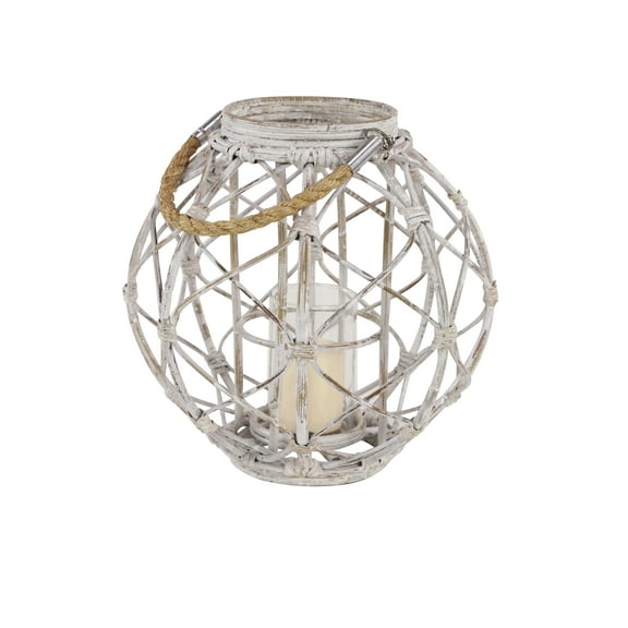Decmode Large Round Woven Rattan White Lantern with Burlap Jute Rope Handle and Glass Insert, 15 x 15