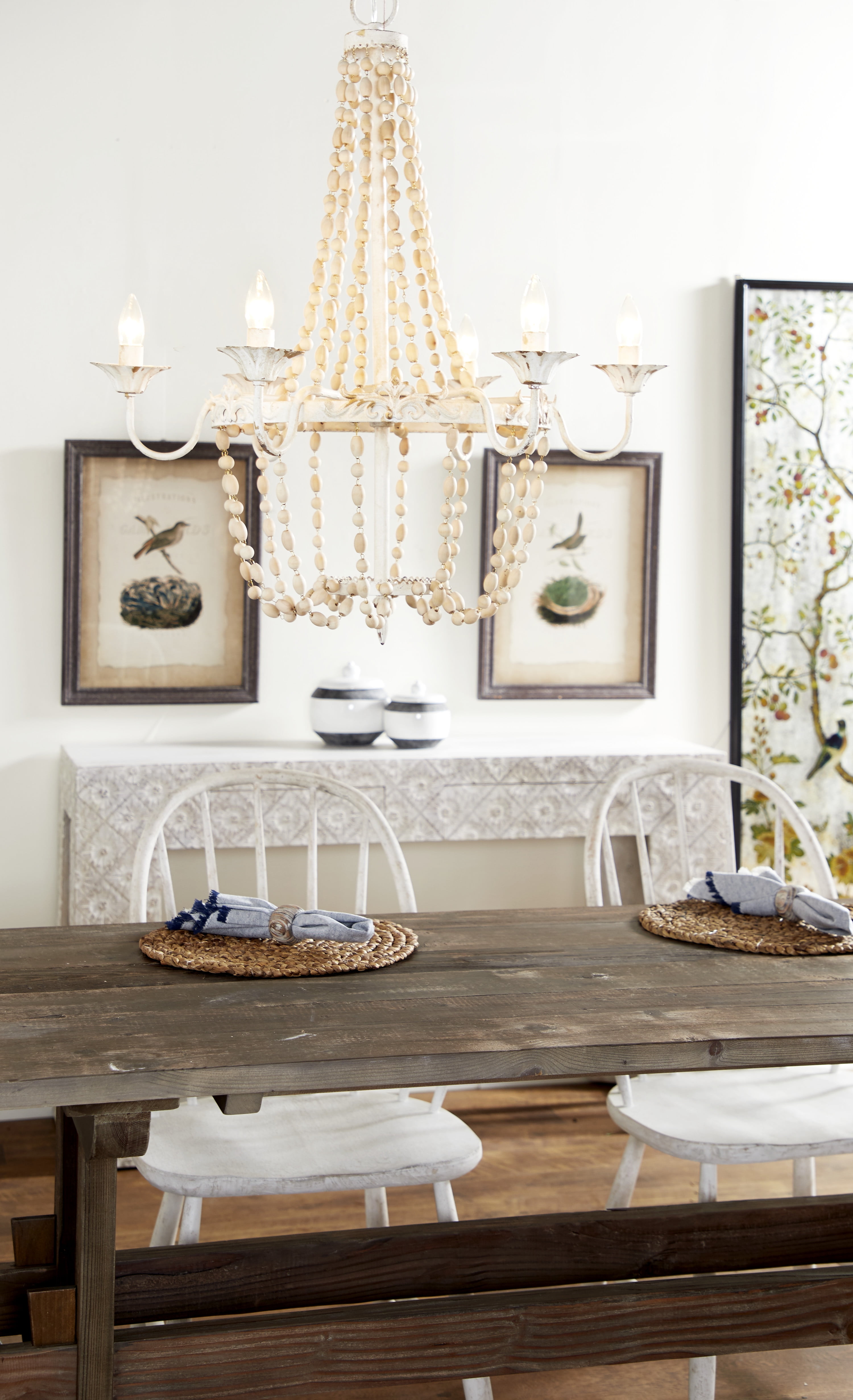 Decmode - Large White Metal and Wood Bead Chandelier, 30” x 34”