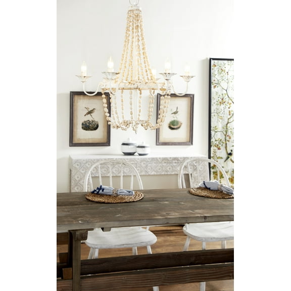 Decmode - Large White Metal and Wood Bead Chandelier, 30 x 34