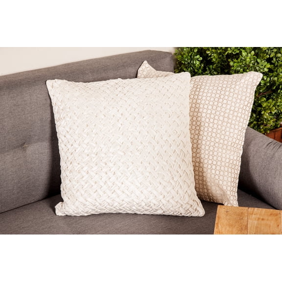 Decmode - Large White Square Throw Pillow with Smocked Basket Weave Design, 20" x 20"
