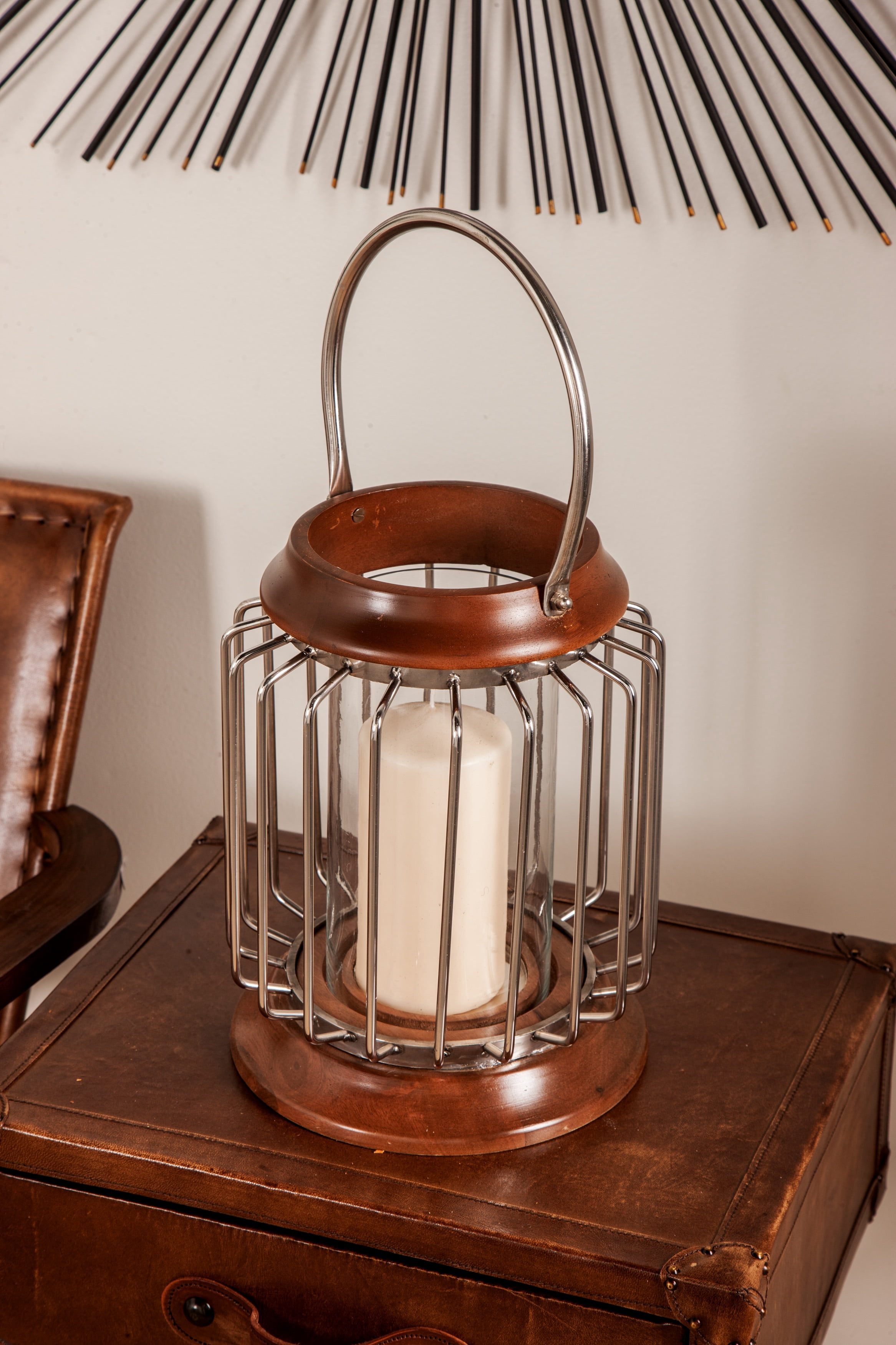 Decmode - Large Wood & Metal Bar Hanging Lantern with Handle & Hurricane Glass Candle Holder, 9” x 11”