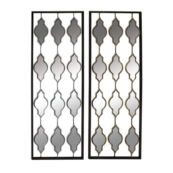 Decmode Modern 35 x 12 Inch Black Mirrored Ogee Shapes Wall Décor - Set of 2