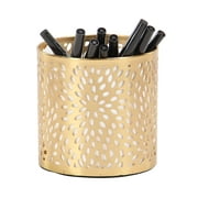 DecMode 4" x 4" Gold Metal Pencil Cup with Laser Carved Floral Design, 1-Piece