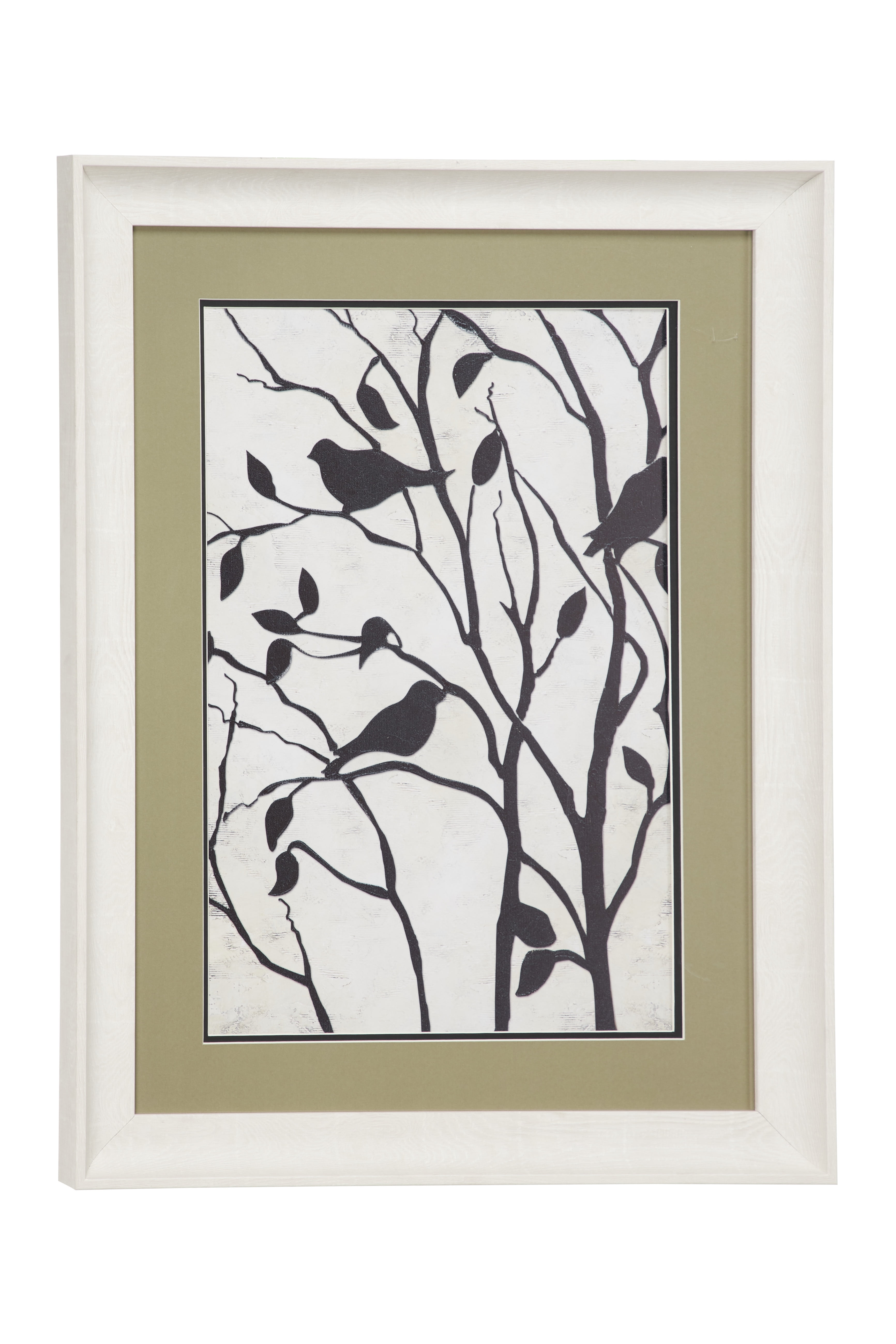 Rectangular Black and White Bird Print with Olive Green Mat