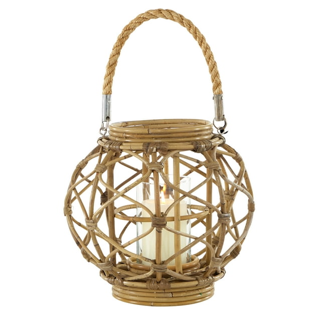 Decmode Round Brown Woven Rattan Lantern with Burlap Jute Rope Handle ...