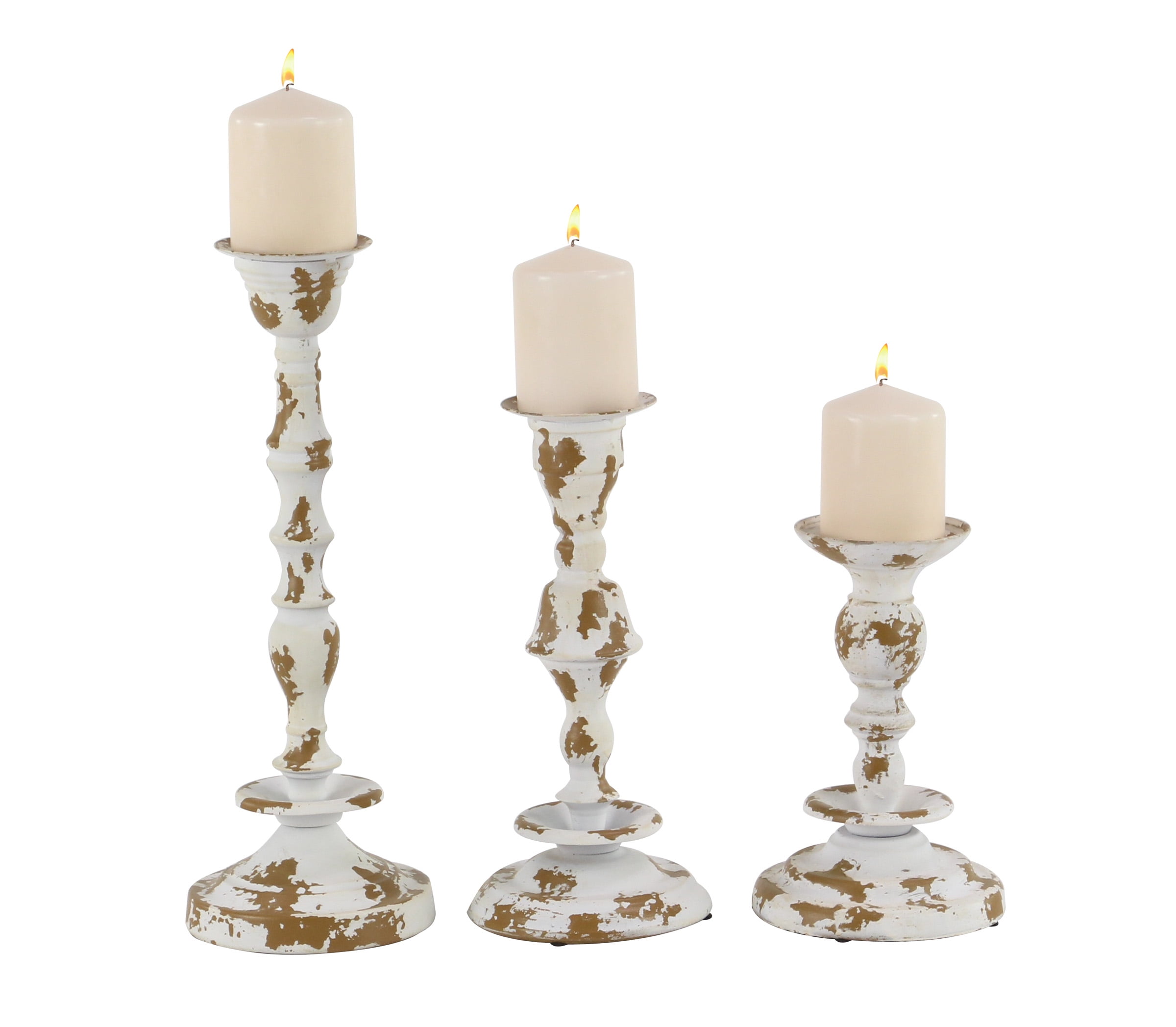 Rustic Distressed White and Brown Metal Candle Holders, Set of 3