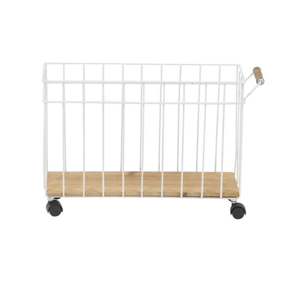 Decmode Rustic Fir Wood and Metal Magazine Basket With Caster Wheels, White