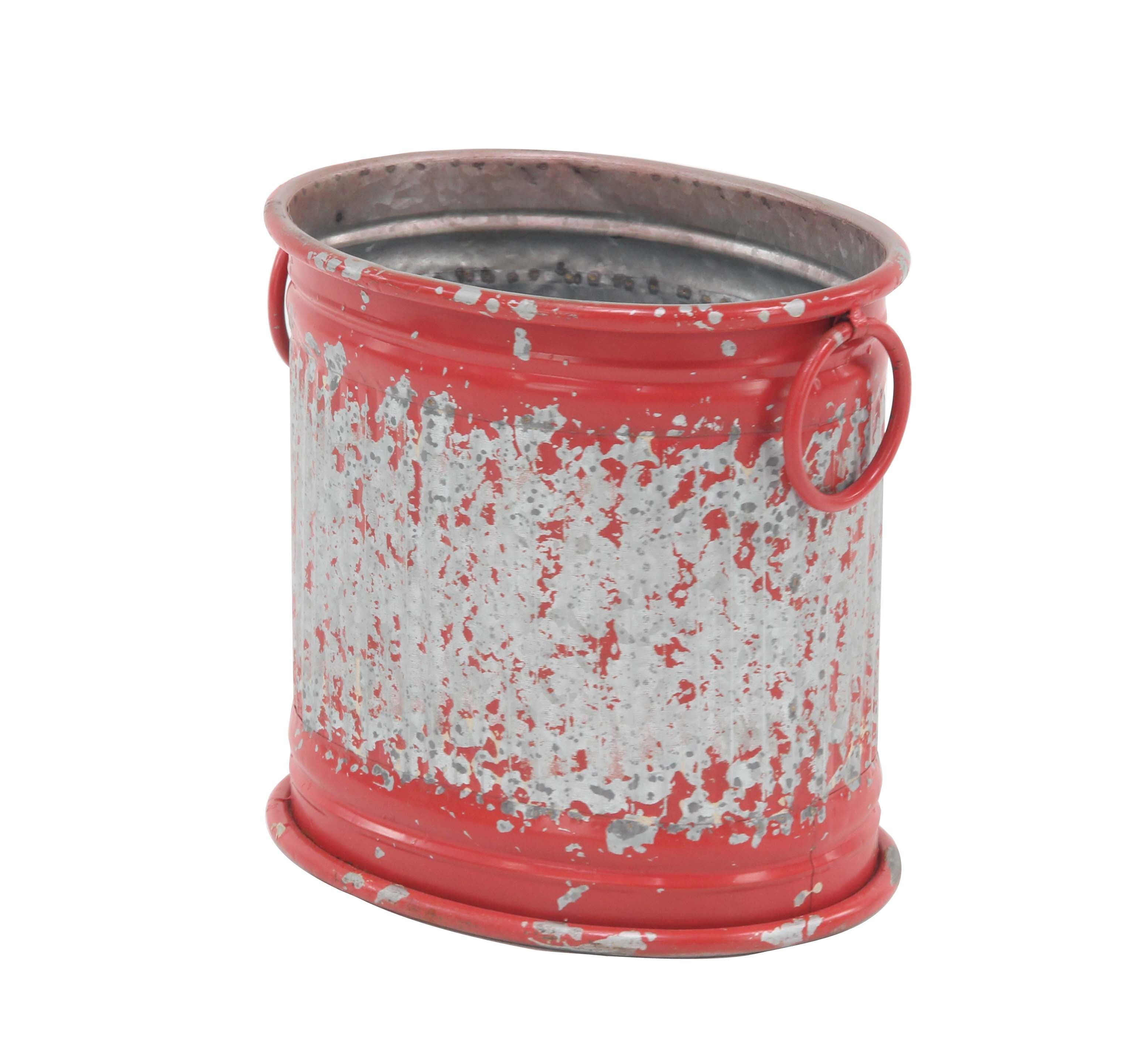 Set of 3 Distressed Red and Gray Iron Barrel Planters