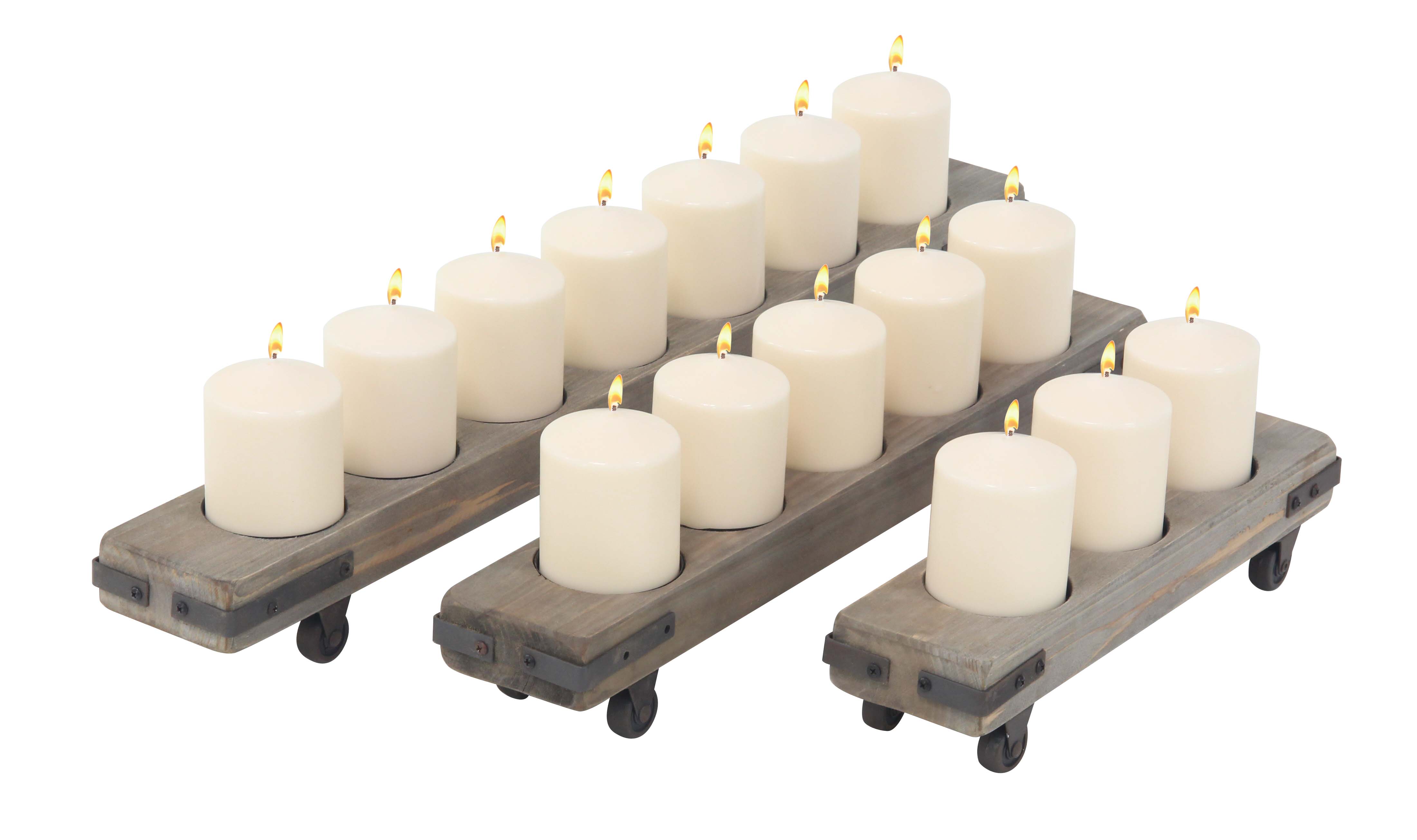 Decmode Set of 3 Rustic Fir Wood and Iron Gray Bar Candle Holders On