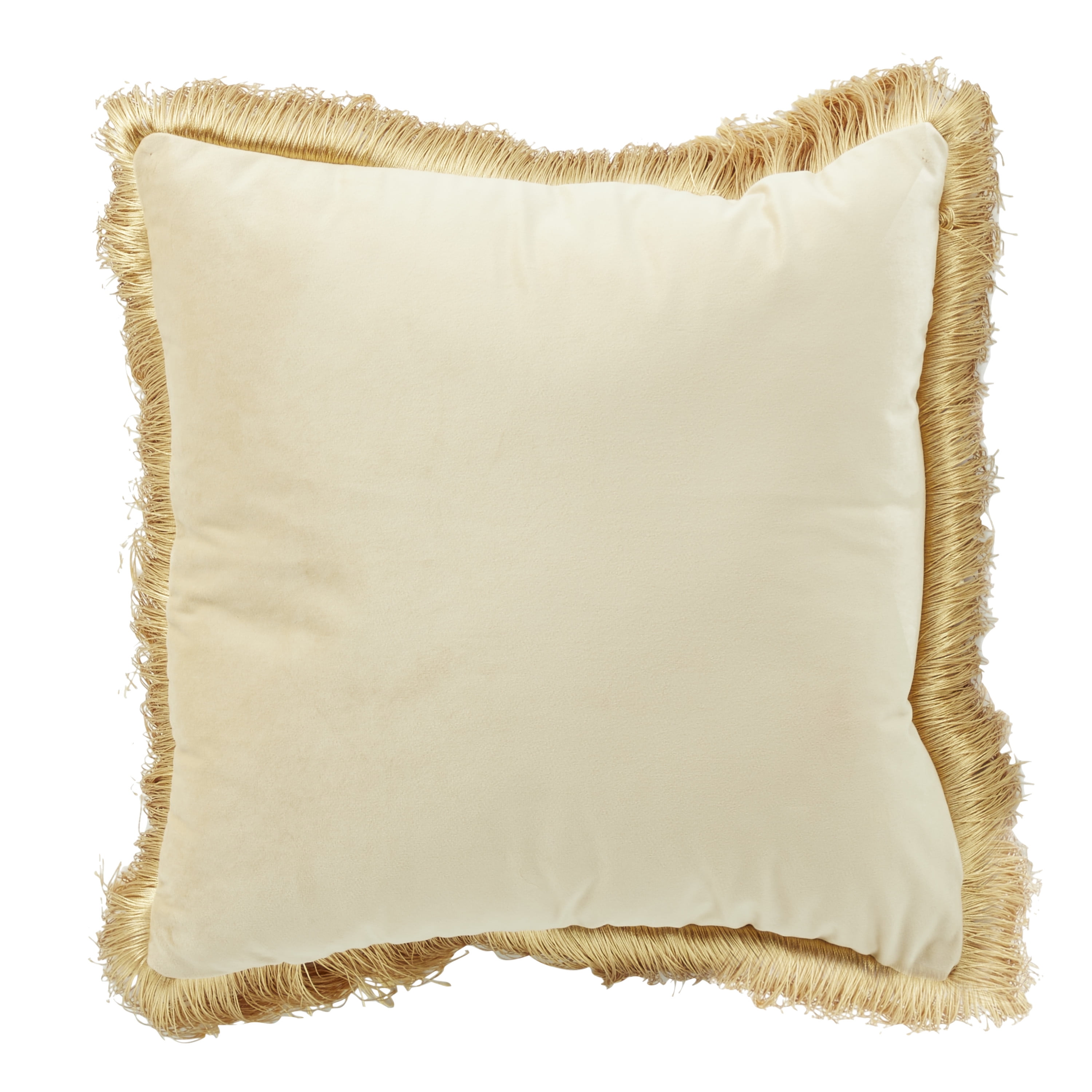 Decmode Square Tan Cotton Pillow With Gold Fringe Border, 20" X 20"