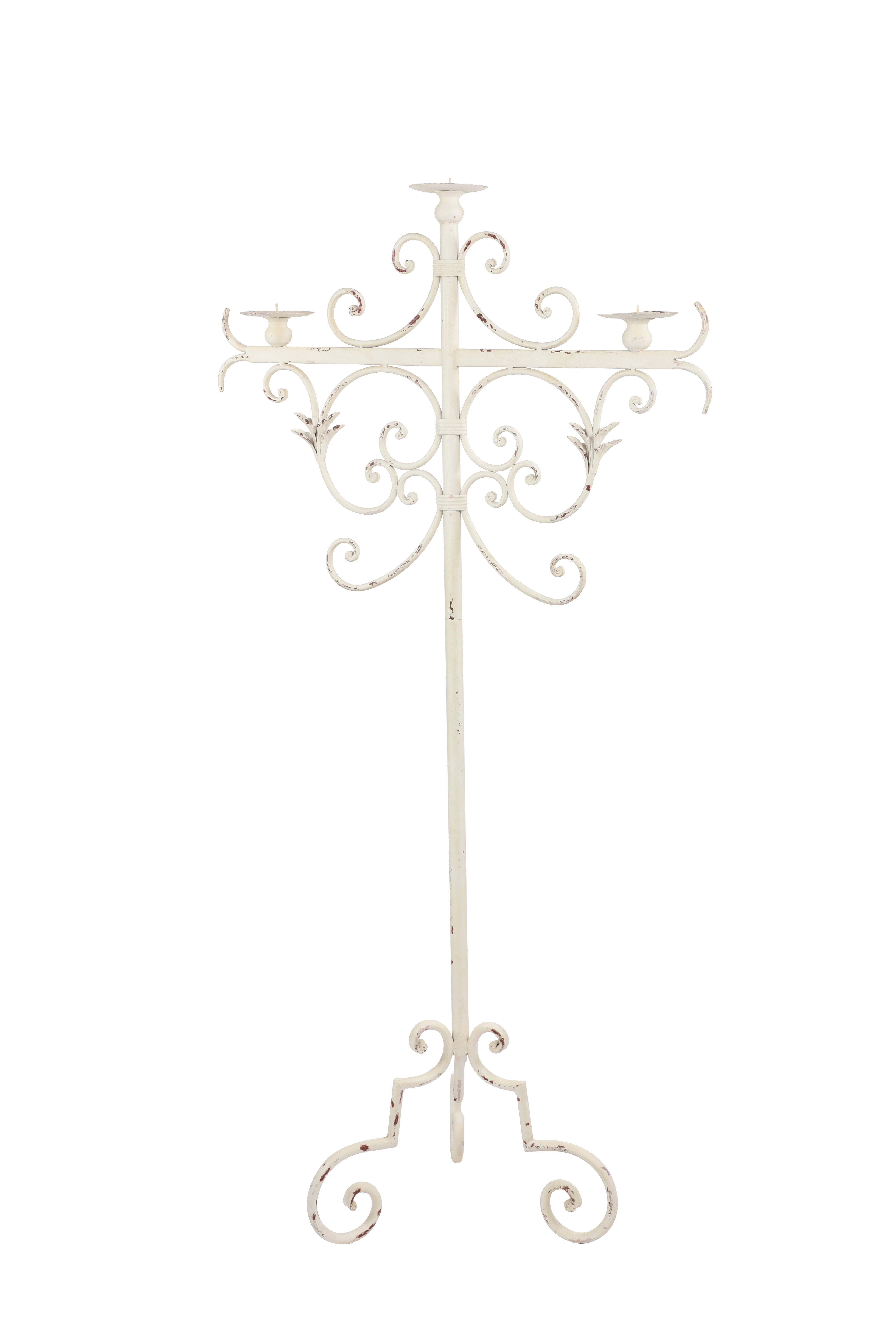 Tall Distressed White Metal Floor Candelabra with Scrolled Base