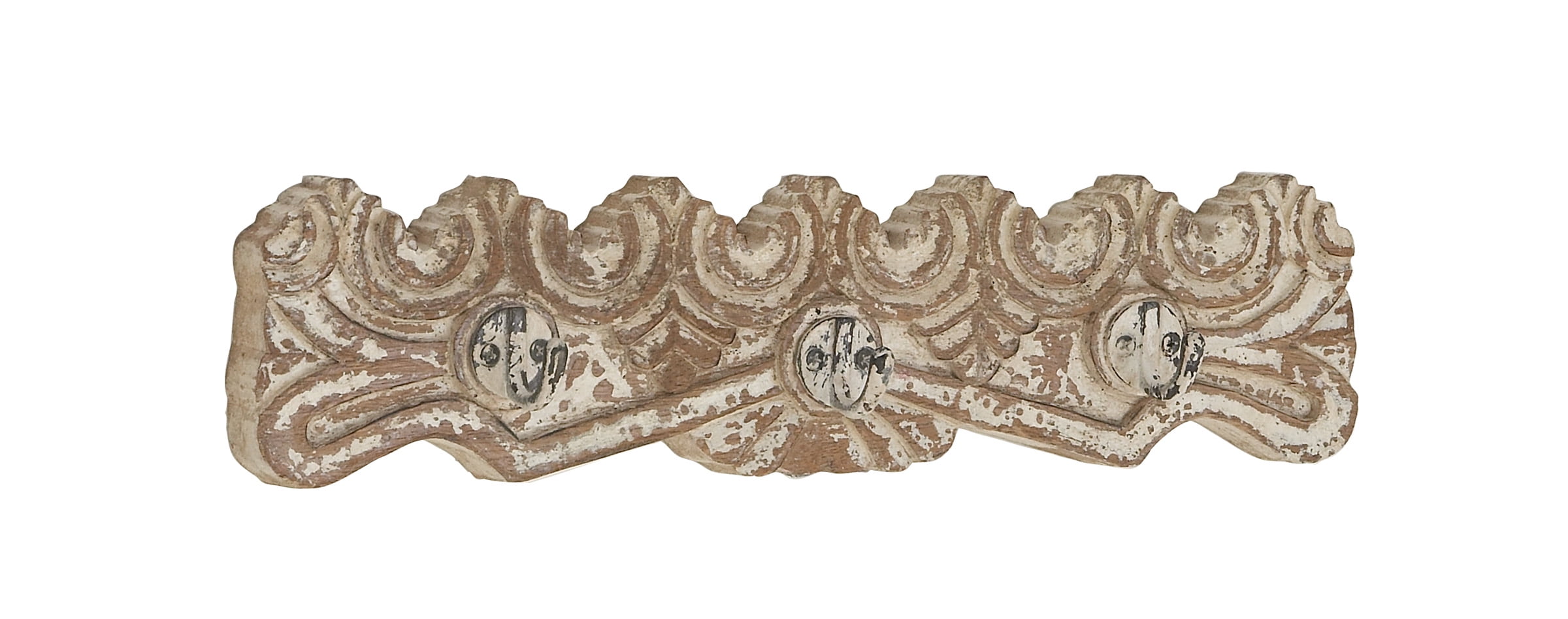 Distressed Brown Mango Wood and Iron Carved Wall Hook Rack