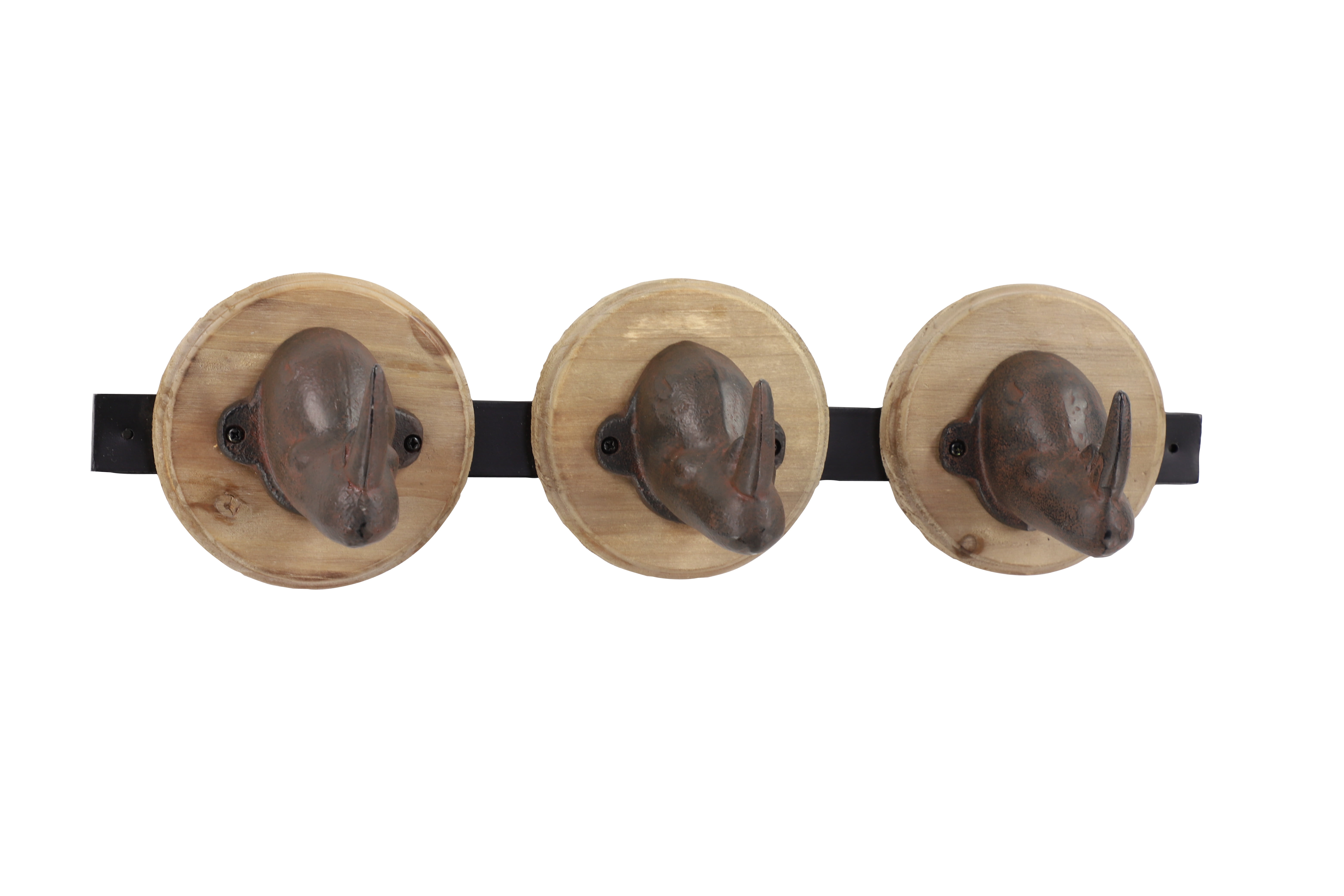 Decmode Wood & Metal Rhino Sculpture Wall Mounts Decorative Wall Hook Rack w/ 3 Hooks, 19” x 5”