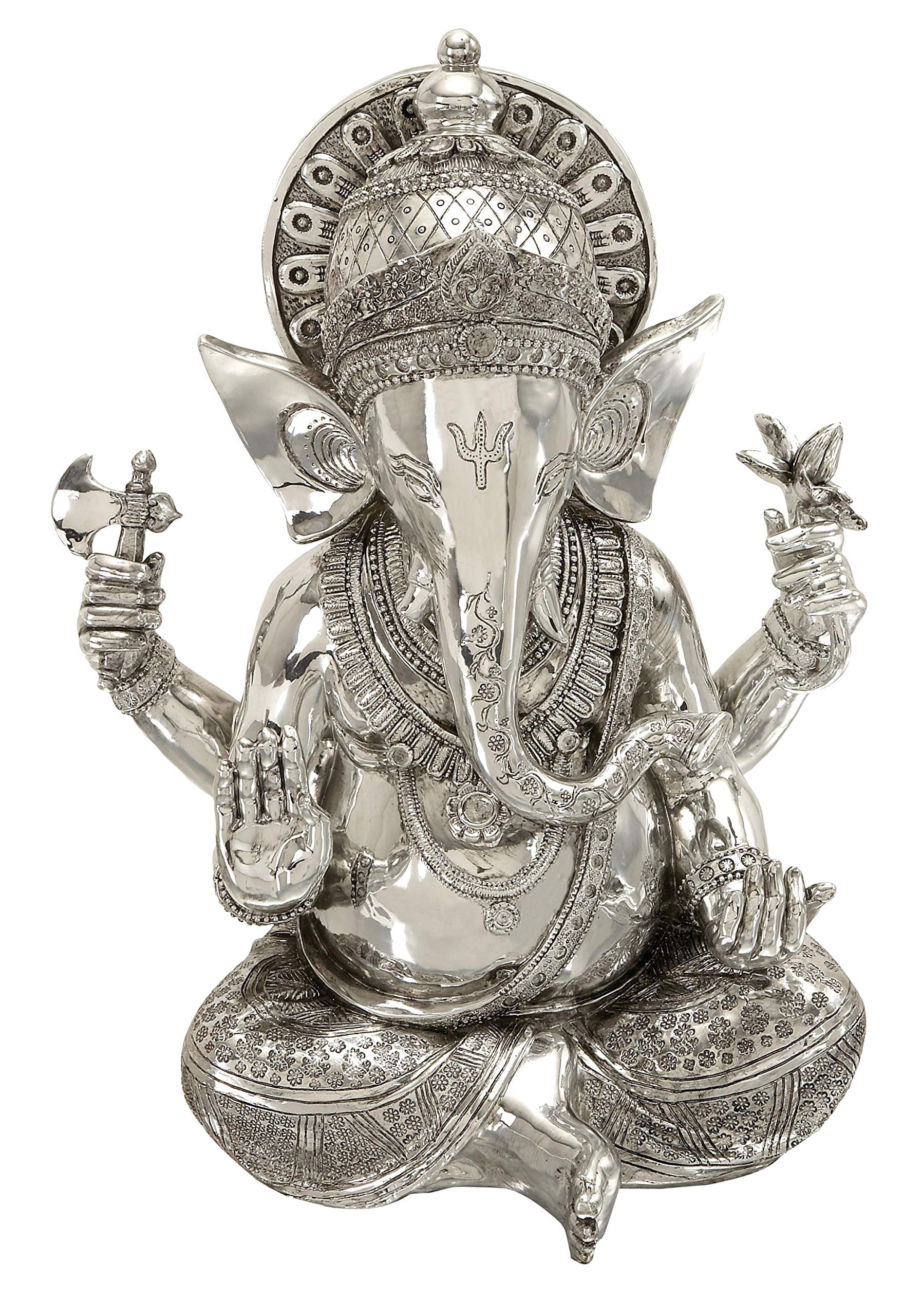 Deco 79 Polystone Ganesh Decorative Sculpture Meditating Home Decor Statue with Engraved Carvings and Relief Detailing, Accent Figurine 12" x 8" x 16", Silver C2