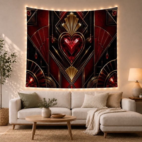Red Heart Gemstone and Roses Tapestry Wall Hanging