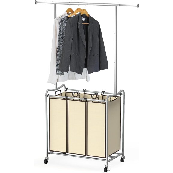 Deco Brothers Heavy Duty 3 Bag Extendable Laundry Sorter Cart with Hanging Bar, Beige