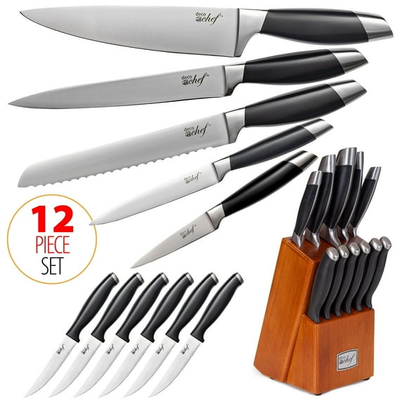 Deco Chef 12-Piece Stainless Steel Kitchen Knife Set with Full Tang High Grade Blades and Wooden Storage Block, Sharpening Manual Included