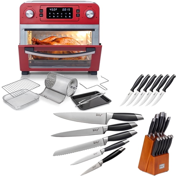 Deco Chef 24QT Countertop Toaster Air Fryer Oven with Accessories (Red) + Bonus Deco Chef 12 Piece Stainless Steel Knife Set with Storage Block