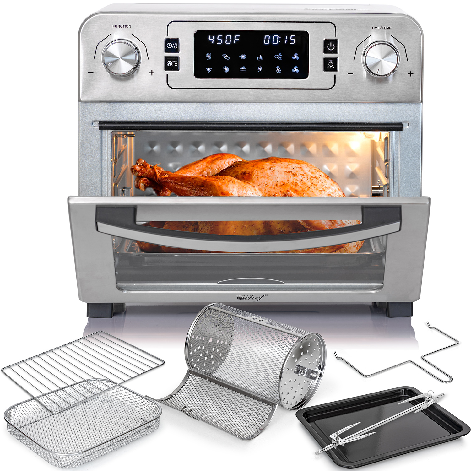 Deco Chef 24 QT Stainless Steel Countertop 1700 Watt Toaster Oven with Built-in Air Fryer and Included Rotisserie Assembly, Grill Rack, Frying Basket, and Baking Pan - image 1 of 11