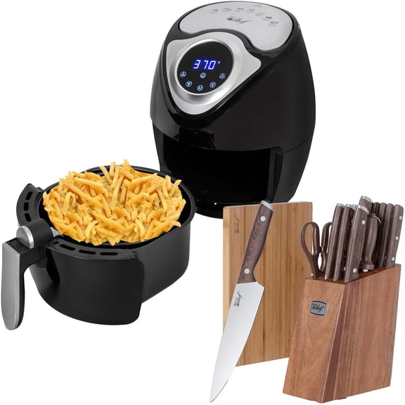Deco Chef 3.7QT Electric Oil-Free Digital Air Fryer with Deco Chef 16 Piece Kitchen Knife Set with Wedge Handles, Shears, Block, and Cutting Board